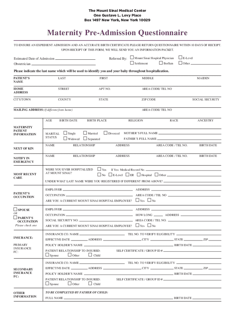  Maternity Pre Admission Questionnaire 2022-2024