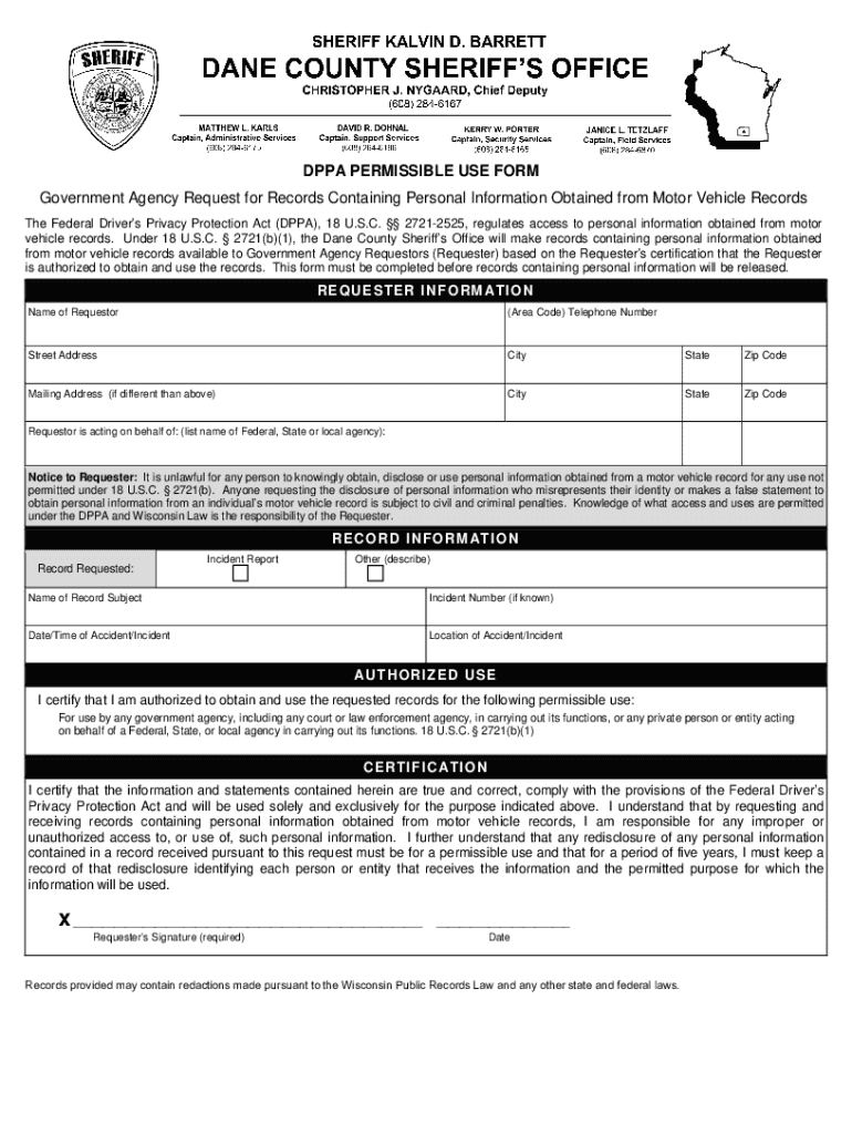 DPPA PERMISSIBLE USE FORM Records Containing