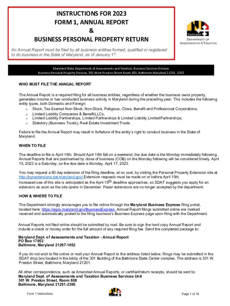 Instructions for Form 1, Annual Report &amp;amp; Business Personal