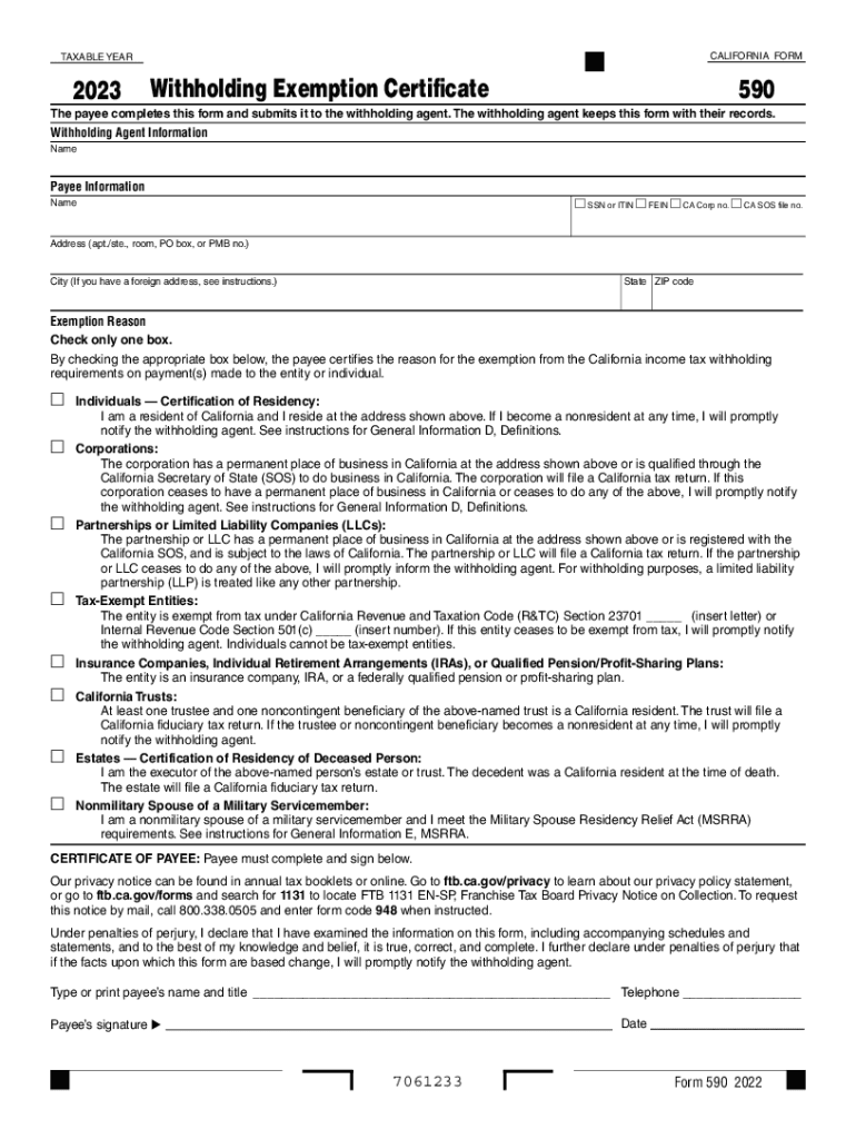  Form 590 Withholding Exemption Certificate 2023-2024