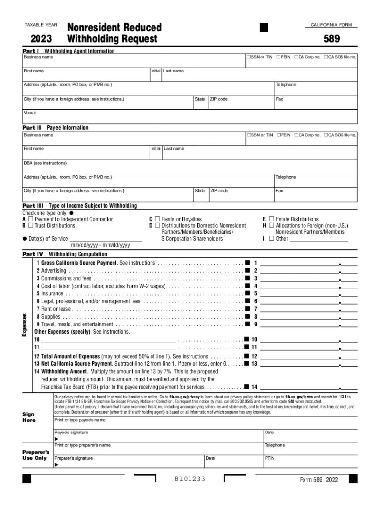  California Form 589 Nonresident Reduced Withholding Request , California Form 589, Nonresident Reduced Withholding Request 2023-2024