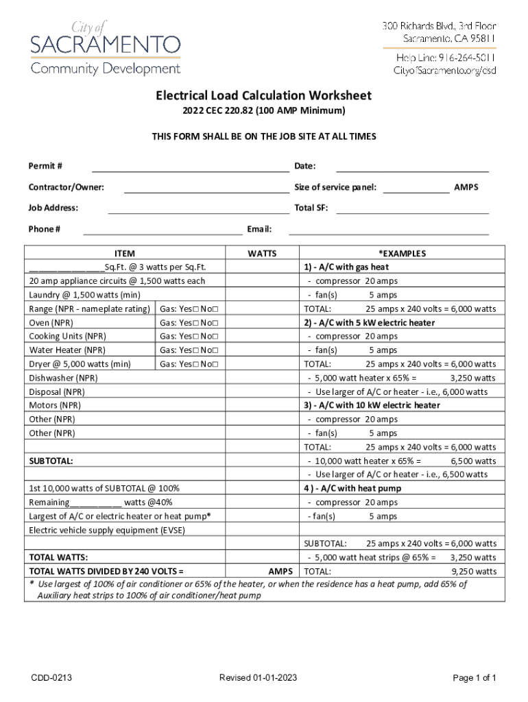 Electrical Load Calculation Worksheet CEC 220  Form