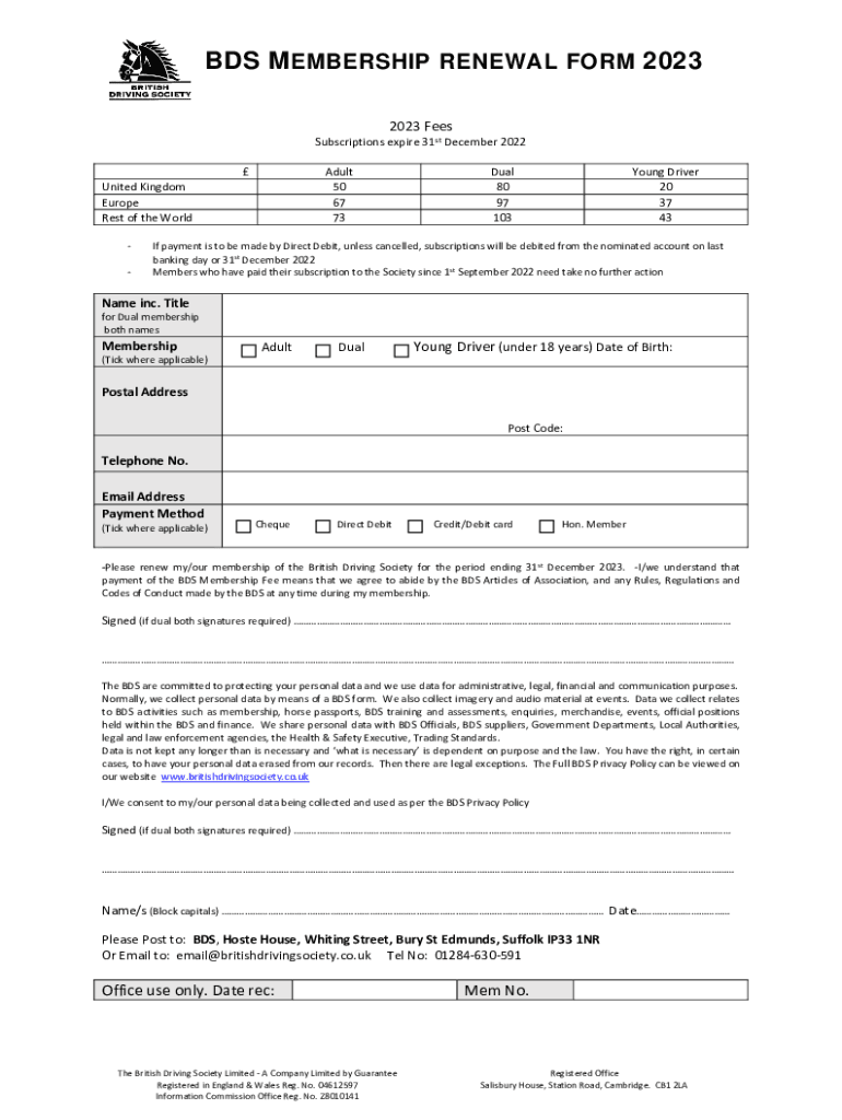  Bds Membership Renewal Form British Driving Society 2023-2024