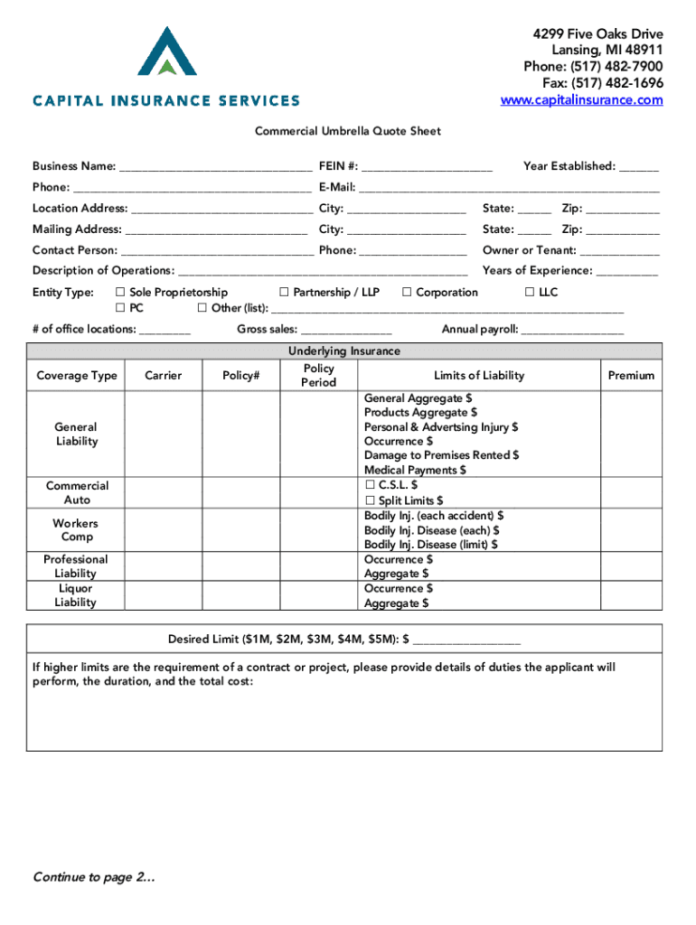 Commercial Umbrella Quote Sheet  Form