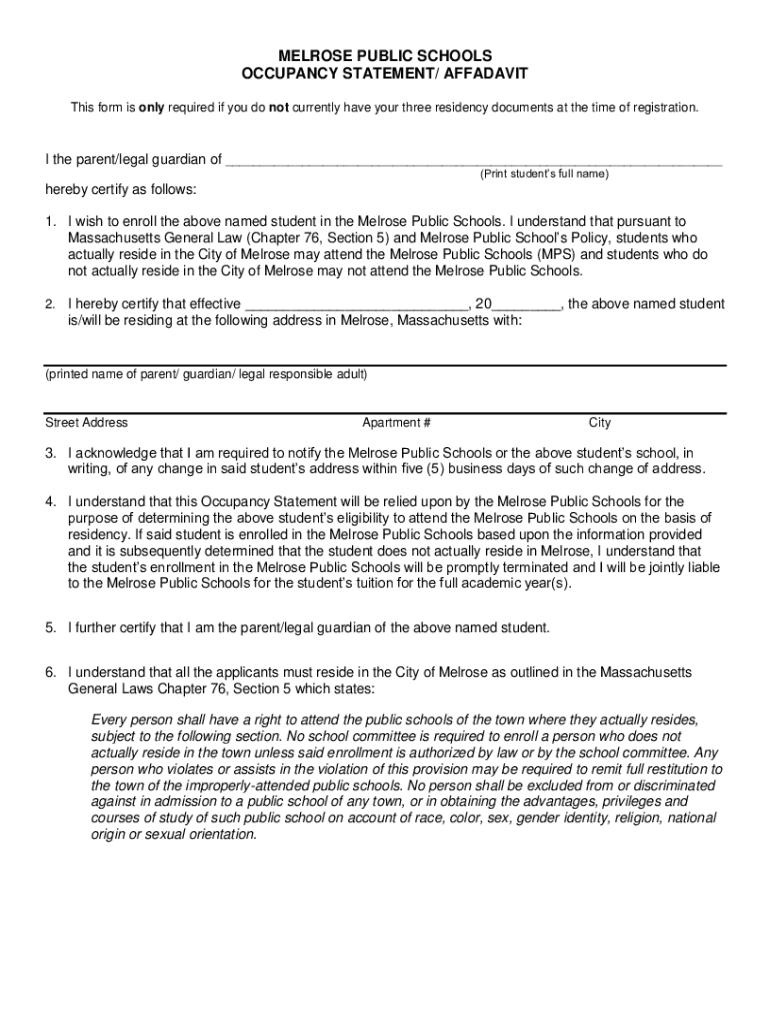 Occupancy StatementAffidavit Melrose Public Schools  Form