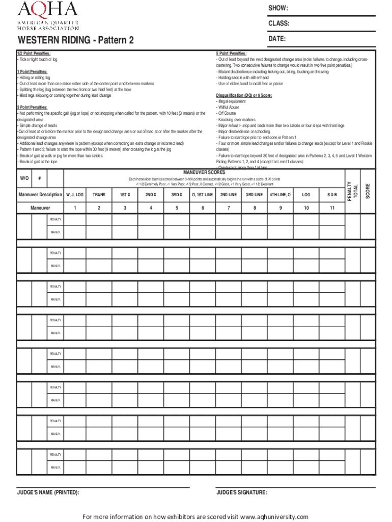 Western Riding Score Sheet Pattern 2 AQHA  Form