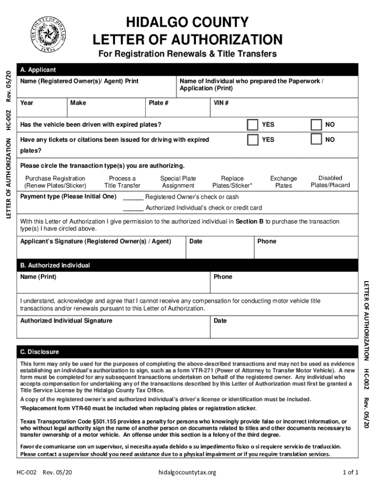  Hidalgo County Letter of Authorization Fill Out &amp;amp; Sign Online 2020-2024