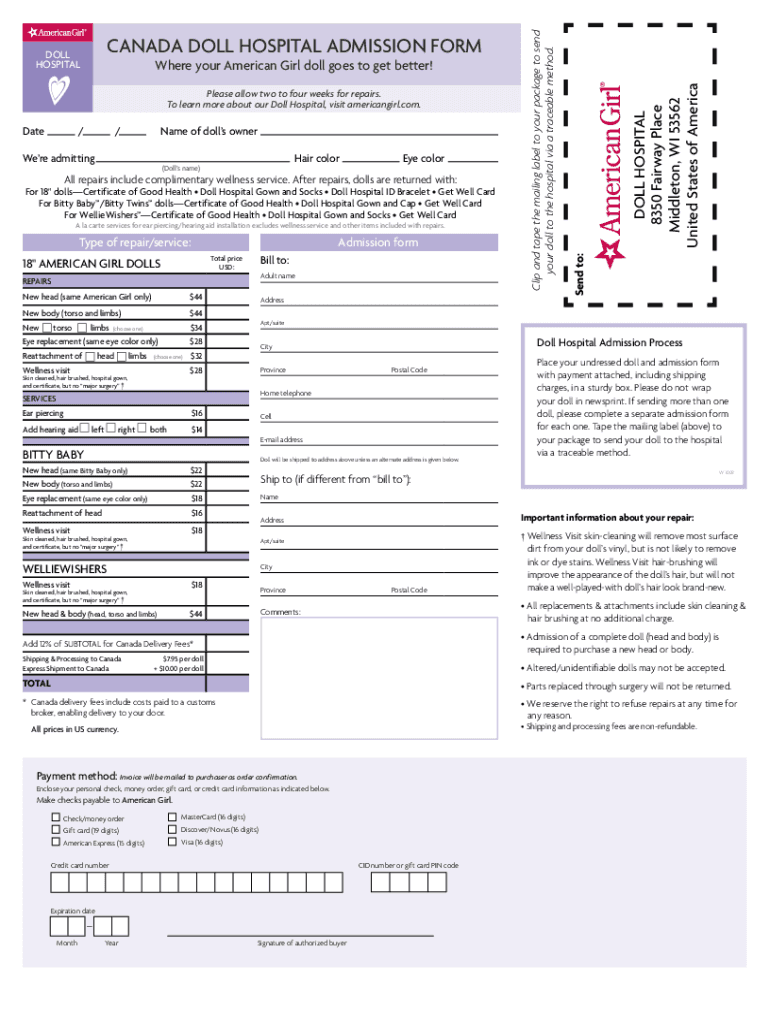 CANADA DOLL HOSPITAL ADMISSION FORM