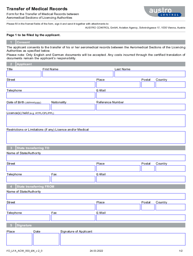 Transfer of Medical Records Form for the Transfer of Medical Records BetweennAeromedical Sections of Licencing Authorities