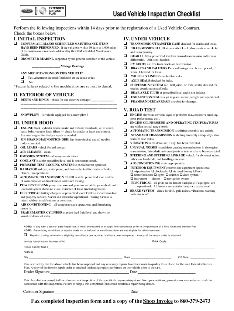 Used Vehicle Inspection Checklist Form Integrity Warranty