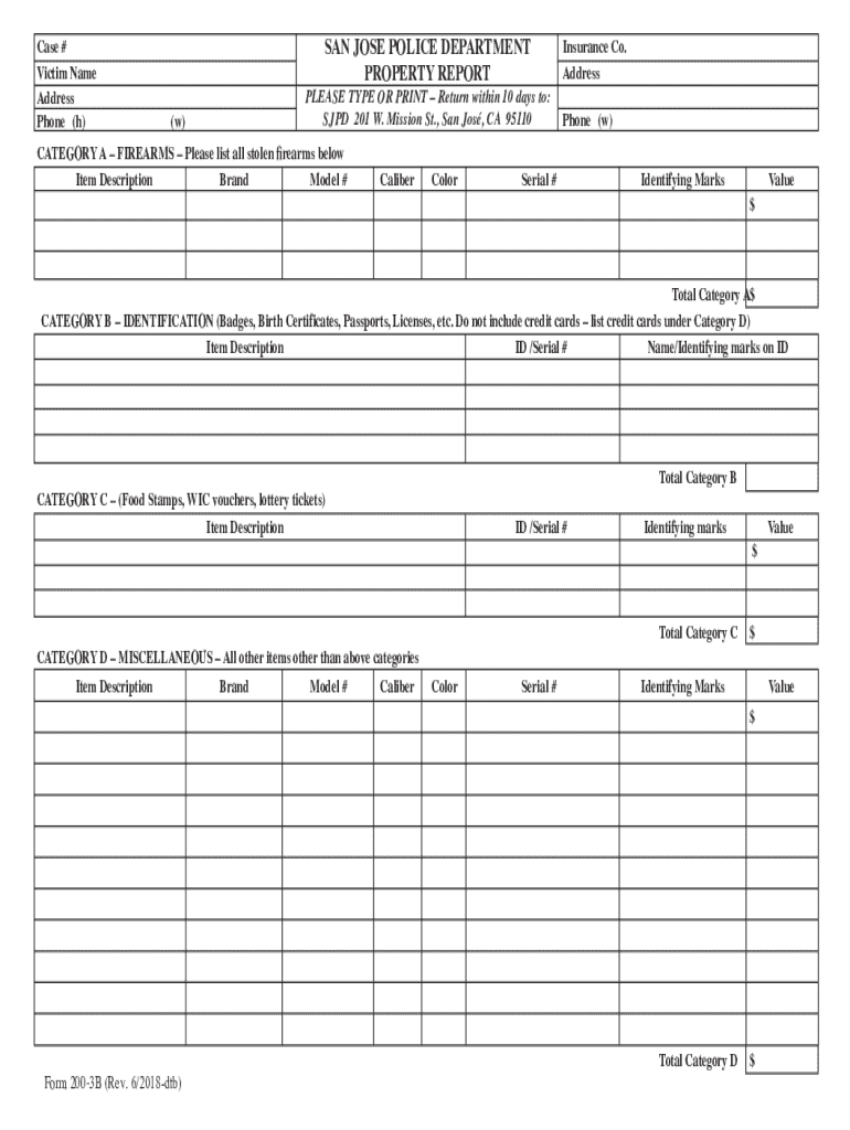 SAN JOSE POLICE DEPARTMENT Property Report Instruction  Form