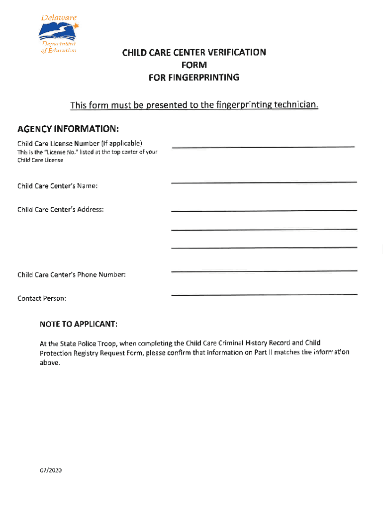 Child Care Center Verification Form for Fingerprin