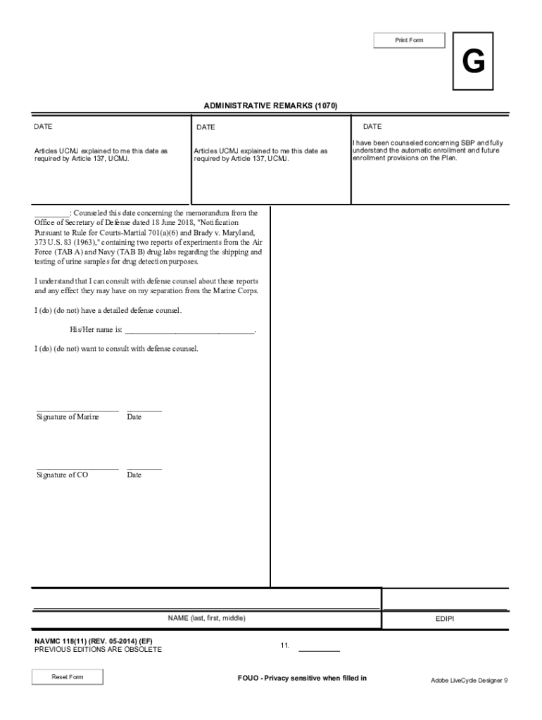  NAVMC 11811 Administrative Remarks Redsigned to Include Electronic Signatures Per MI; SSN Field Revised Toenterfull SSN Per MI 2014-2024