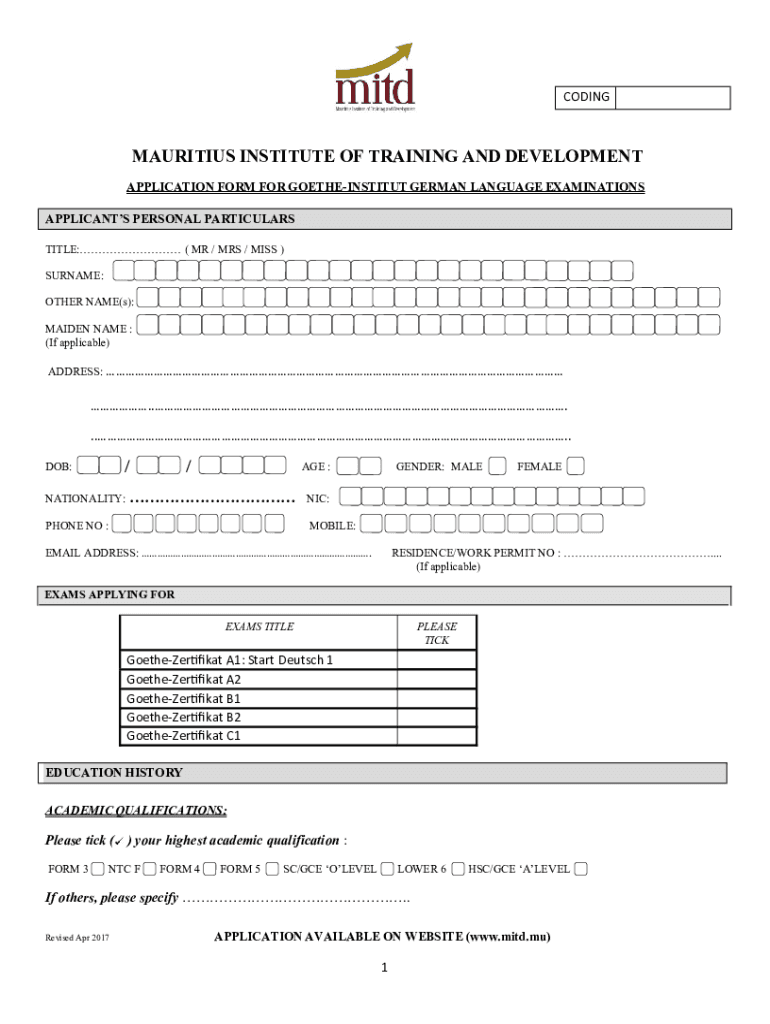 CODINGMAURITIUS INSTITUTE of TRAINING and DEVELOPM  Form