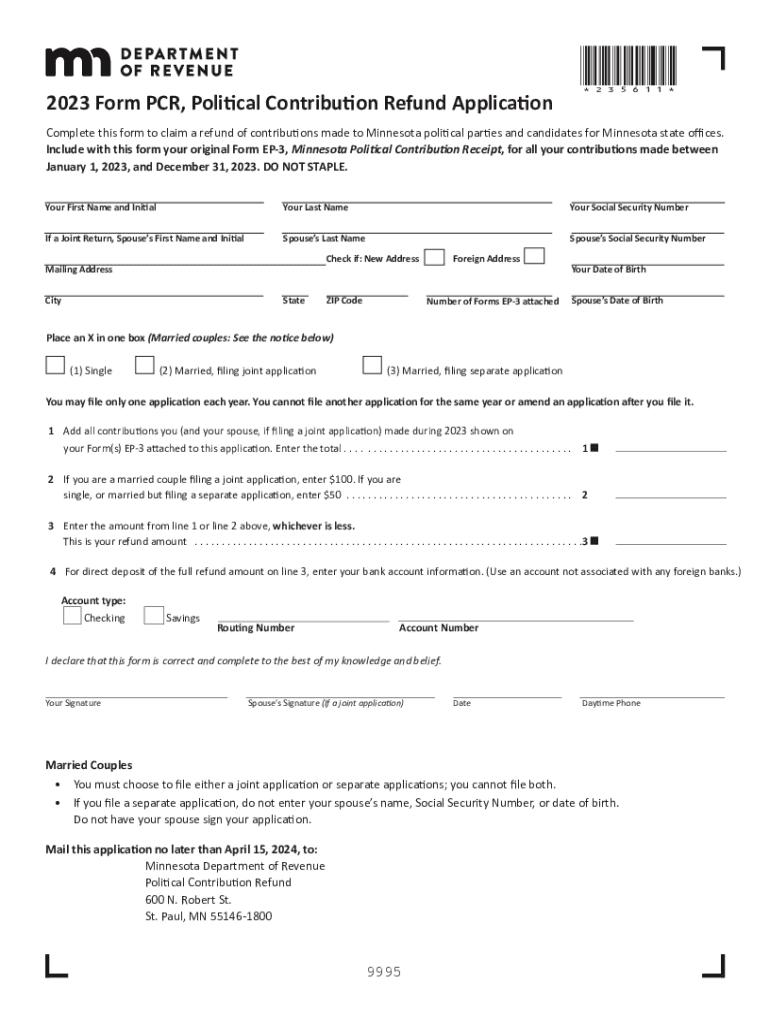 Form PCR, Political Contribution Refund Application