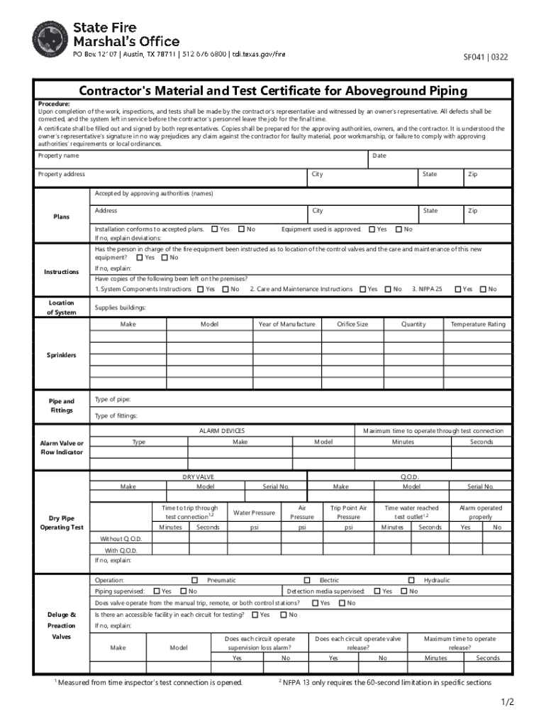 NFPA 13 above Ground Piping Certificate Application  Form