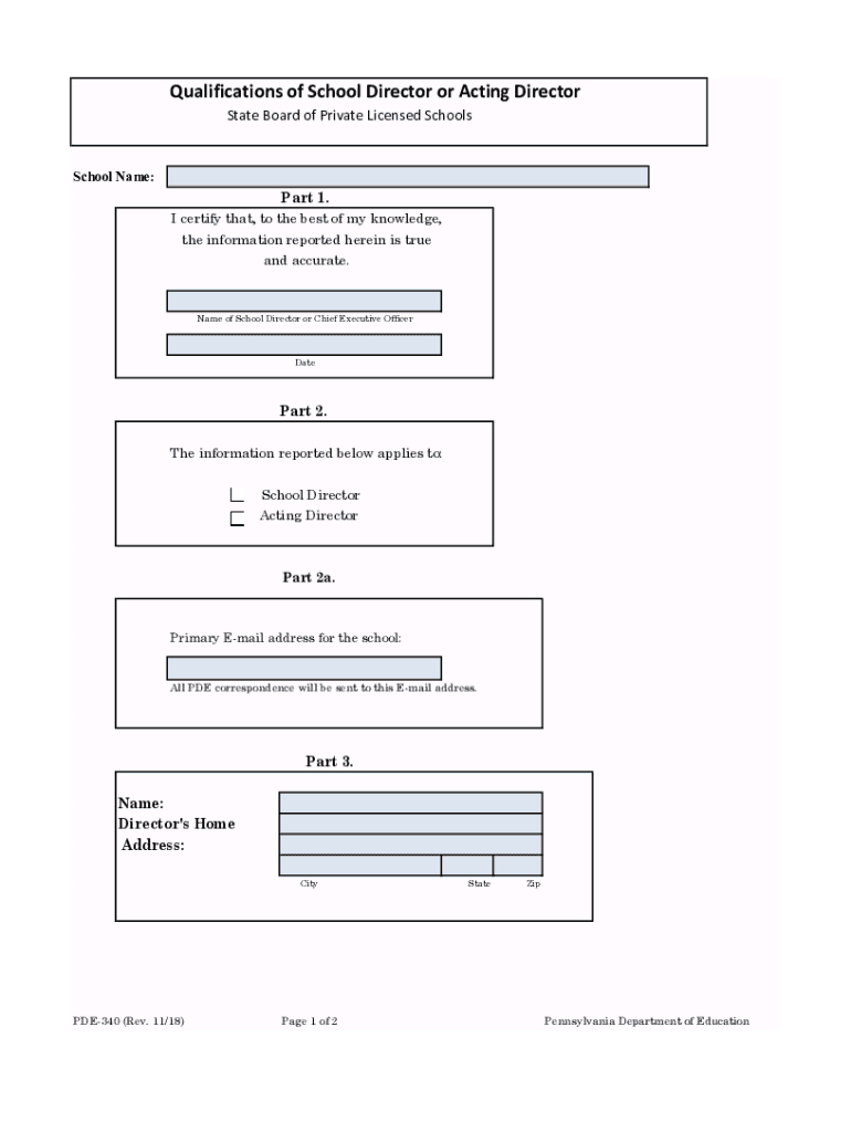  Director or Acting Director Qualifications Form PDE 340 2018-2024