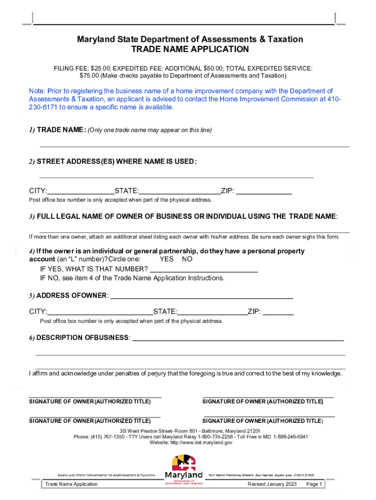 Maryland Trade Name Search  Form