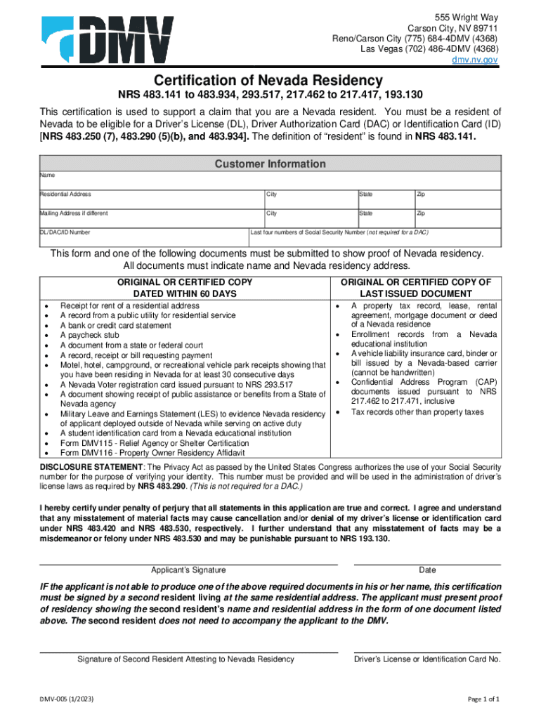 Nevada Residency Certification  Form