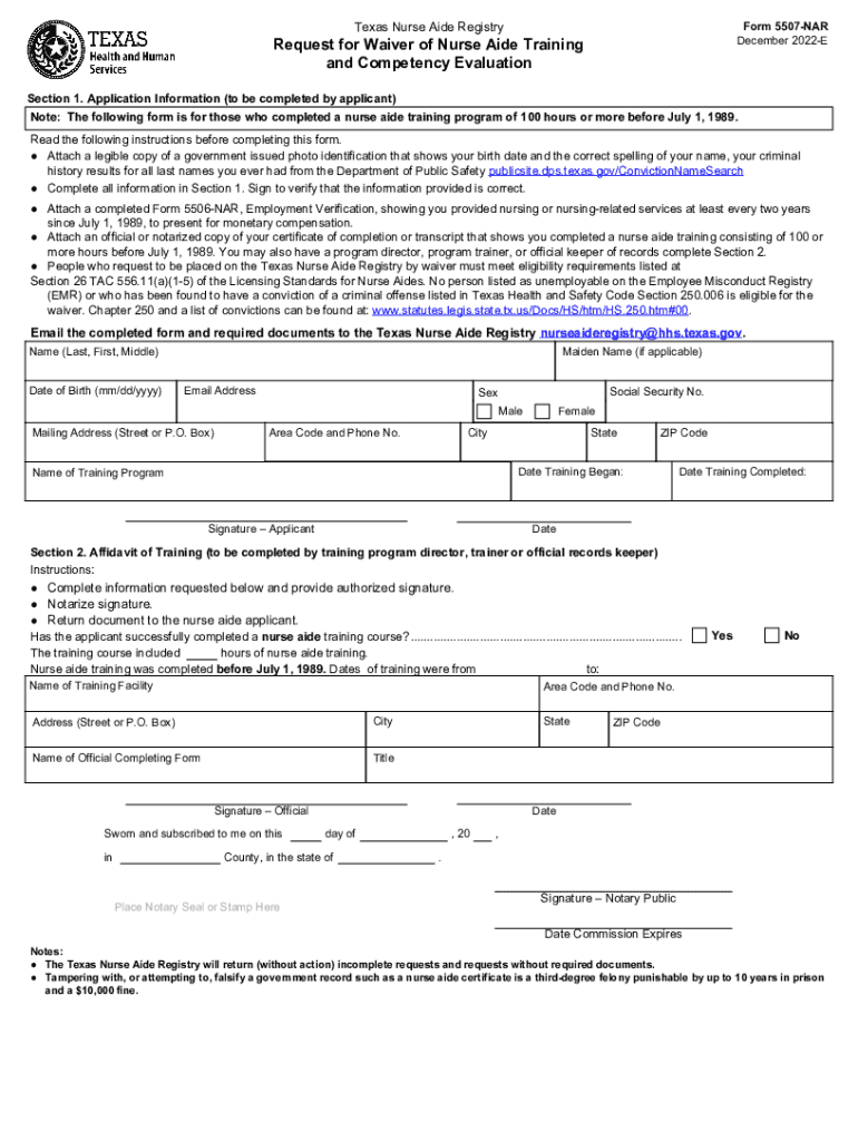 Form 5507 NAR, Request for Waiver of Nurse Aide Training