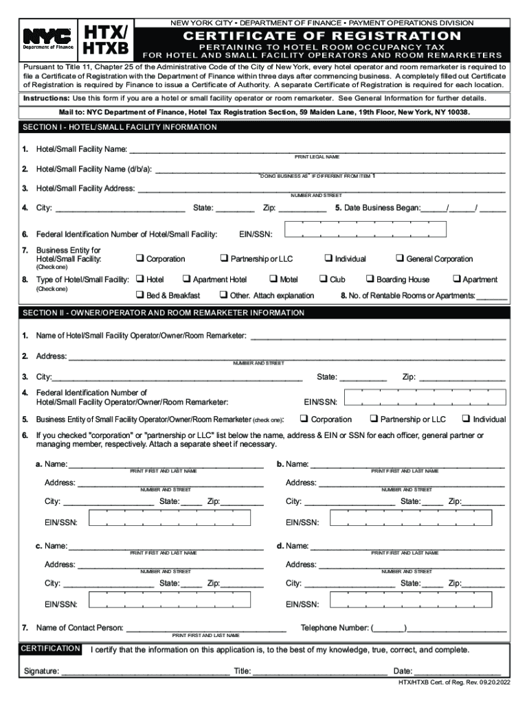 Hotel Tax Certificate of Registration  Form
