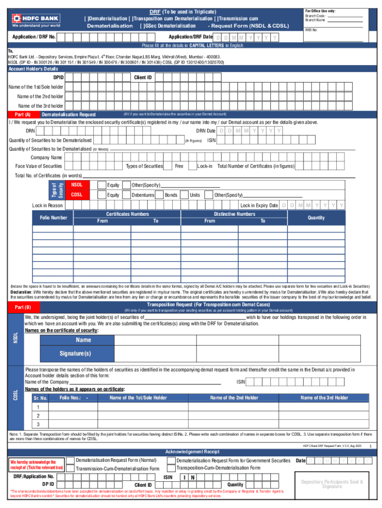  Dematerialisation Request Form NSDL &amp; CDSL HDFC Bank 2023-2024