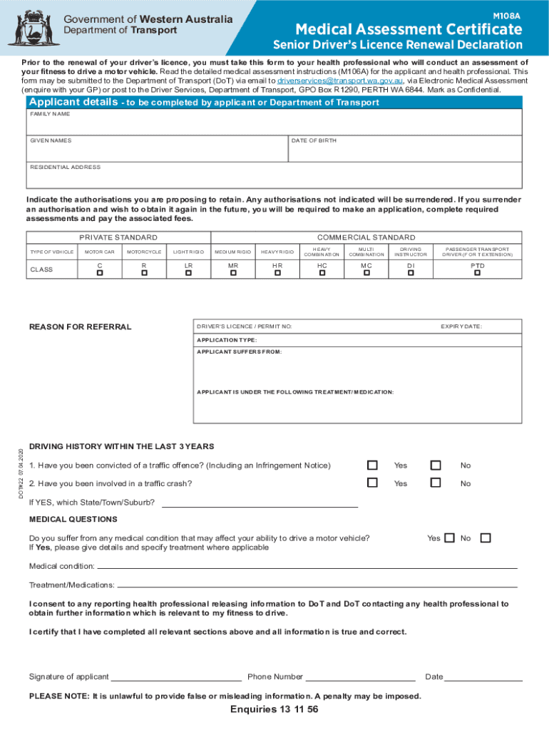 Medical Assessment Certificate Senior Driver&#039;s Licence Renewal Declaration Form M108A