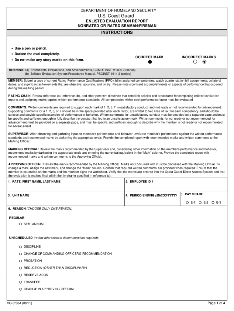 CG3788A PDF Enlisted Evaluation Report, Nonrated or Rated SeamanFireman  Form