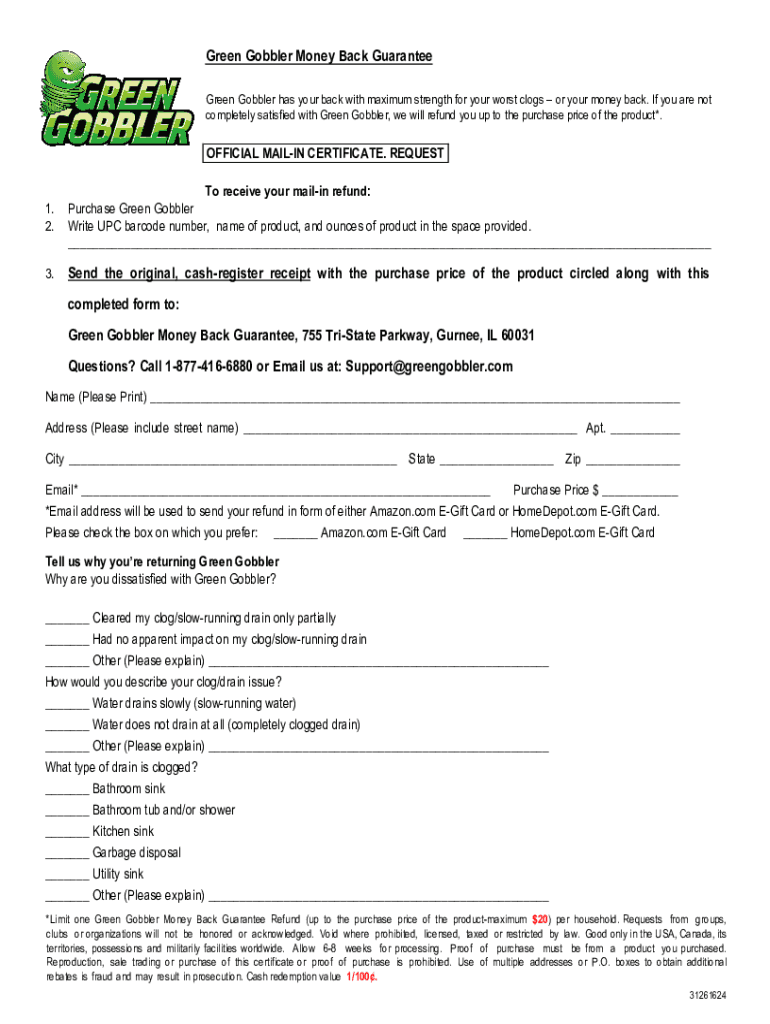 Green Gobbler Money Back Guarantee 3 Send the Original, Cash  Form