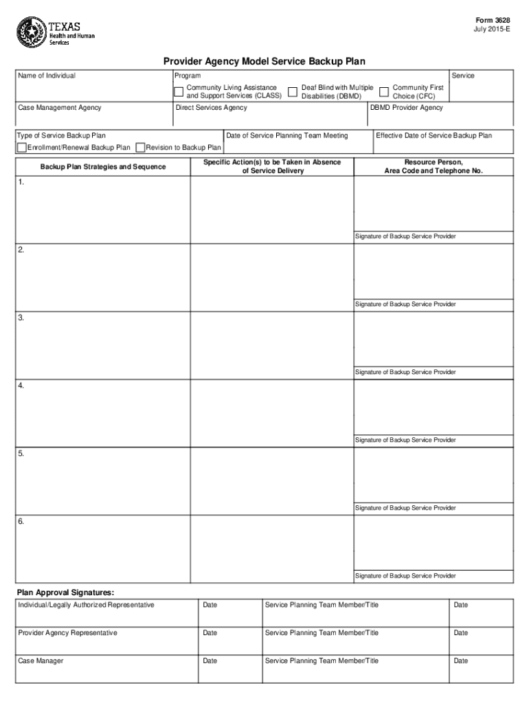 Provider Agency Model Service Backup Plan Form 3628