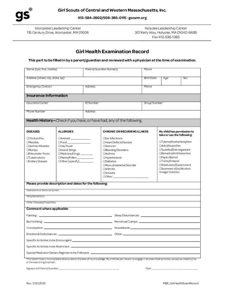Girl Health Exam Record a Health Form for Girl Health Exams to Be Filled Out by a Medial Professional