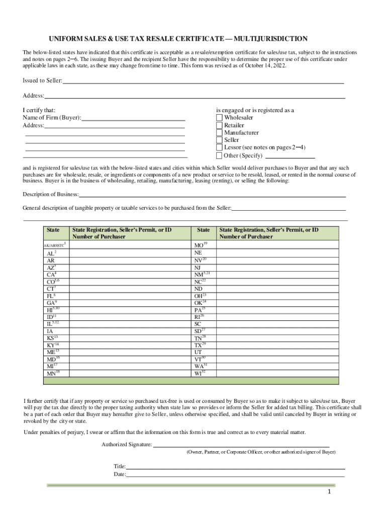 UNIFORM SALES &amp; USE TAX RESALE CERTIFICATE MULTIJU