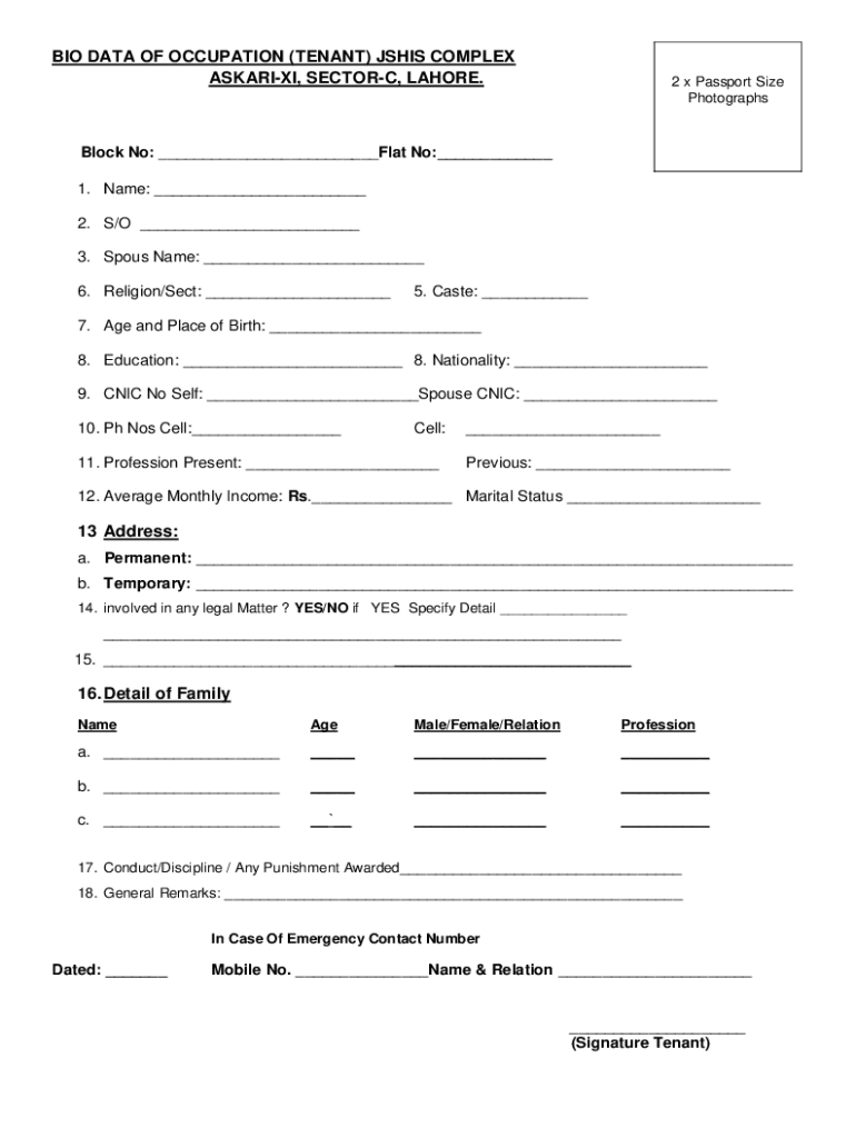 BIO DATA of OCCUPATION OWNERTENANT JSHIS  Form