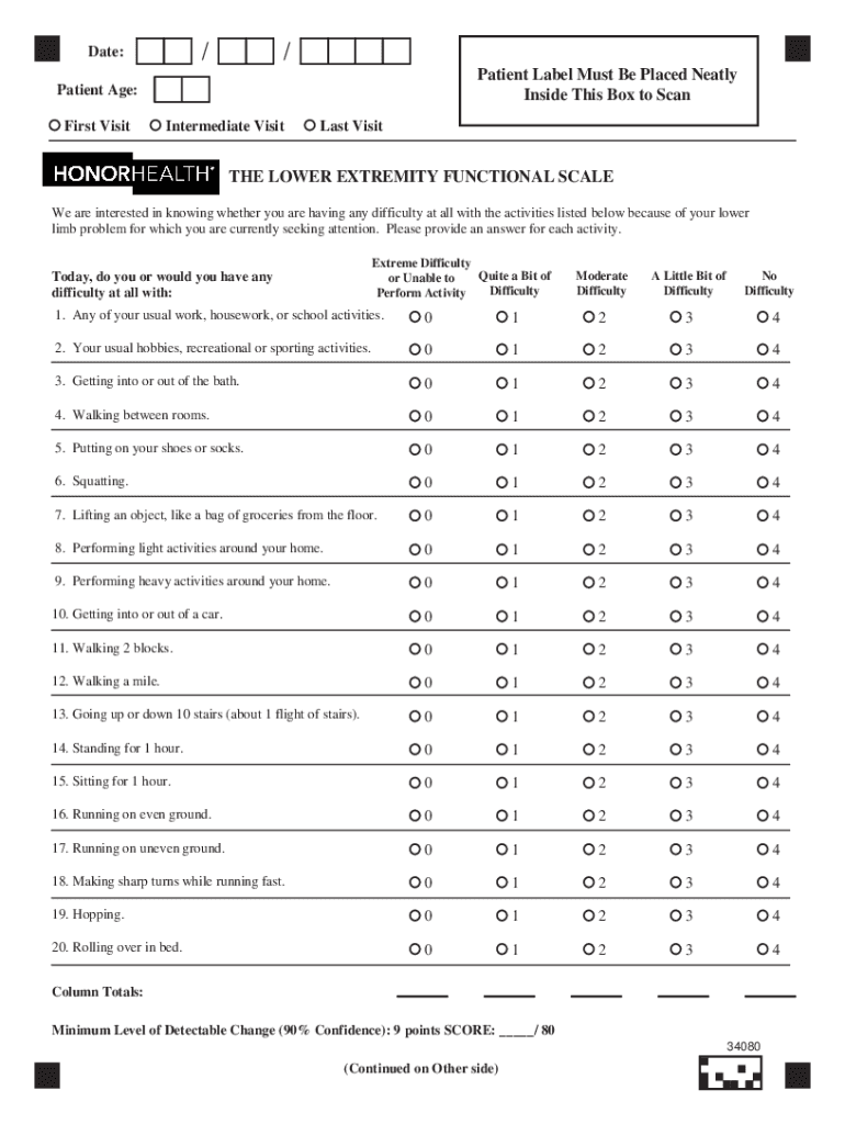 The LOWER EXTREMITY FUNCTIONAL SCALE Patient Label Must  Form