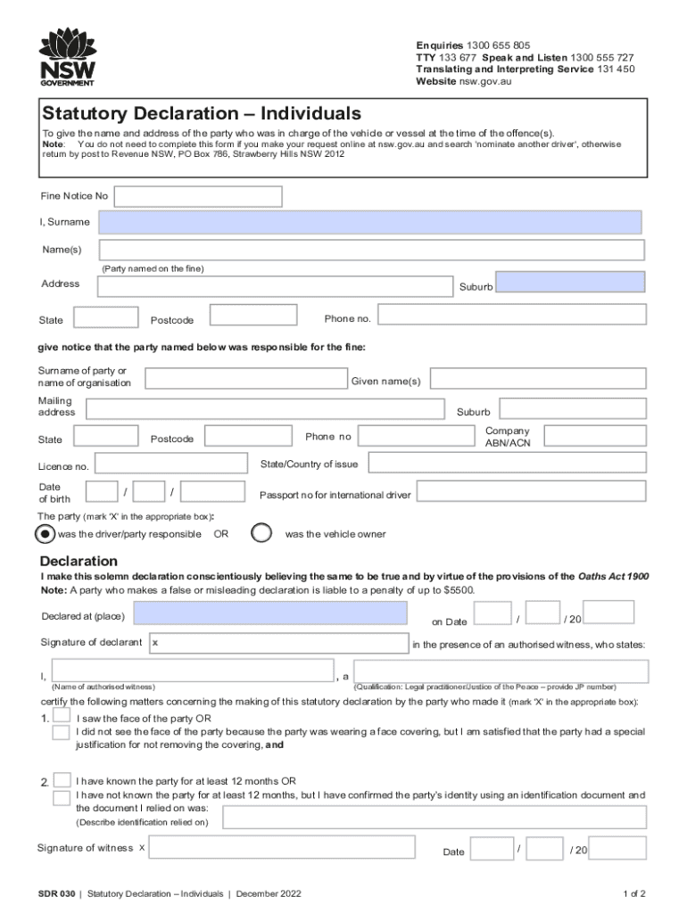  Statutory Declaration Individuals SDR 030 Statutory Declaration Organisations SDR 030 2022-2024