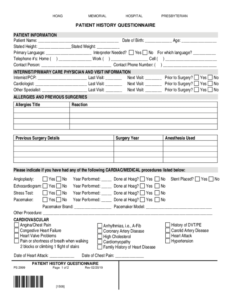 Form Medical History Questionnaire PDF Premier Senior Care