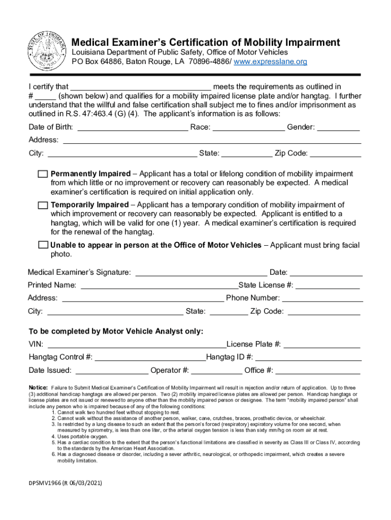  Medical Examiner&#039;s Certification of Mobility Impairment 2021-2024