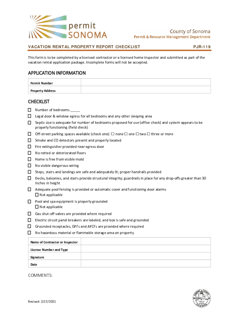 PJR 119 Property Report Checklist Part of the Vacation Rental Permit Application from Permit Sonoma  Form