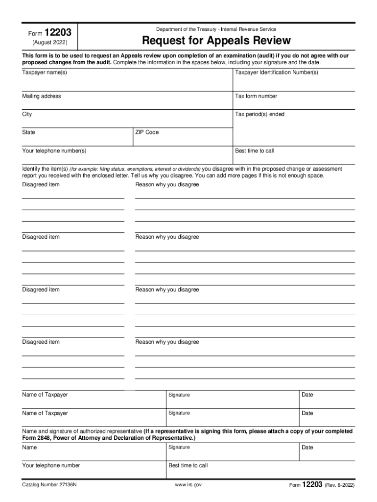  Form 12203 Rev 8 Request for Appeals Review 2022-2024