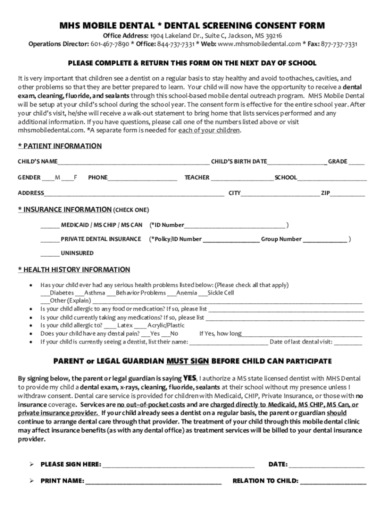 MHS DENTAL * DENTAL SCREENING CONSENT FORM