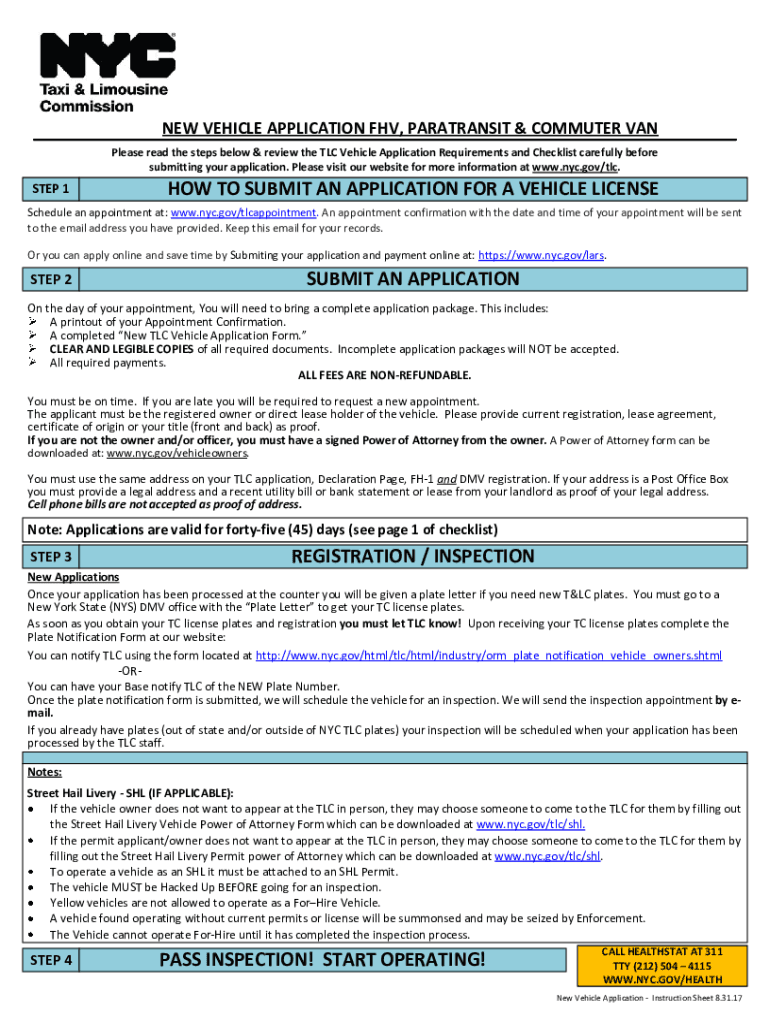  New Vehicle Application Fhv, Paratransit &amp; Commuter Van 2017-2024