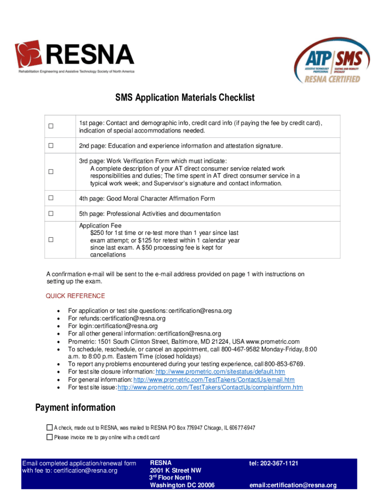 SMS Application Materials Checklist 1st Page Cont  Form