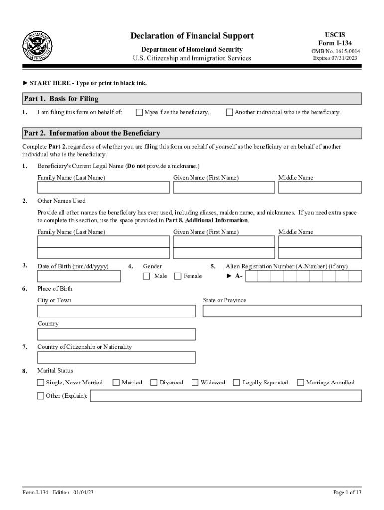  Instructions for Form I 134, Declaration of Financial Support 2023-2024