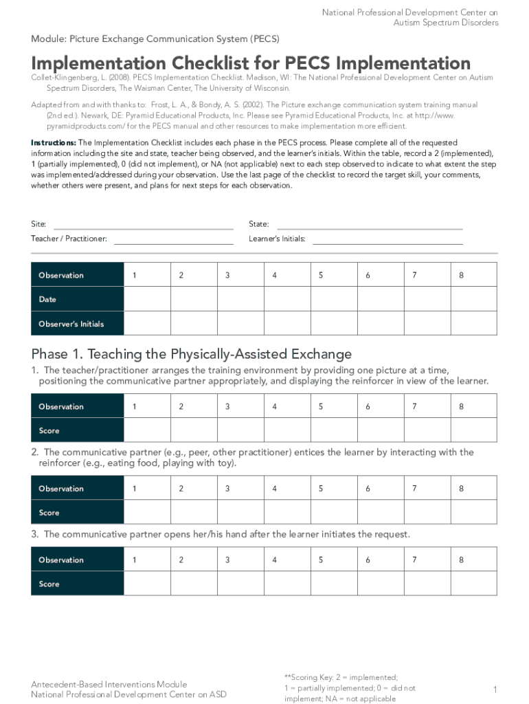 Implementation Checklist for Picture Exhange Communication System Implementation PESC  Form