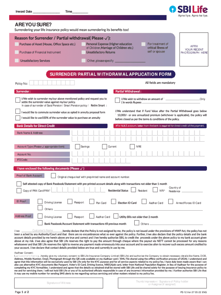  Surrender Partial Withdrawal Request Form Eng Sudlife 2022-2024