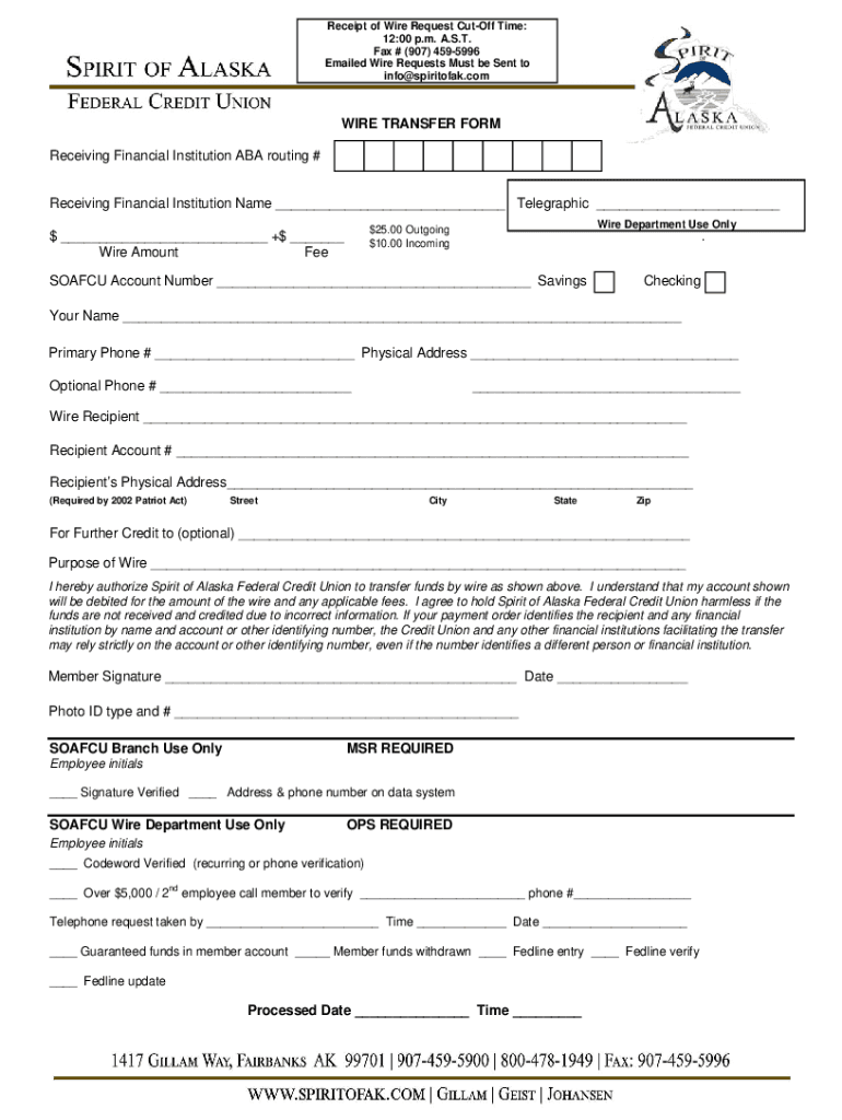  Wire Transfer Form Spirit of Alaska Federal Credit Union 2022-2024