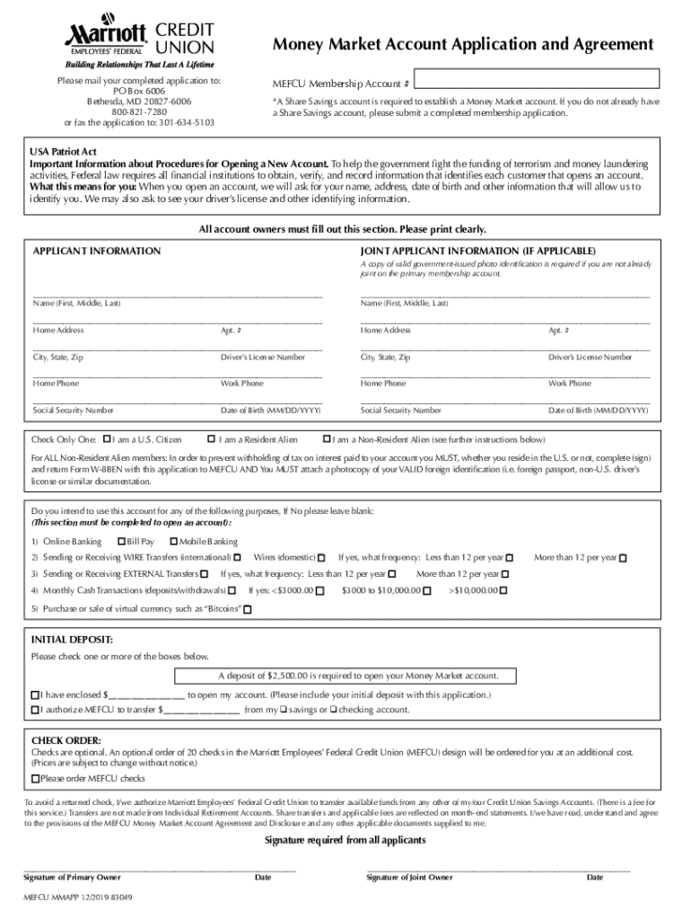 Money Market Account Application and Agreement  Form
