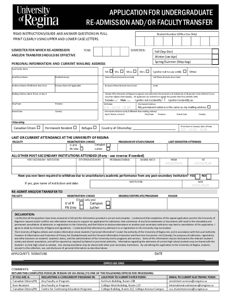 ReAdmission or Faculty Transfer Form PDF