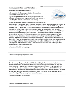 Summary and Main Idea Worksheet 1 Answer Key  Form