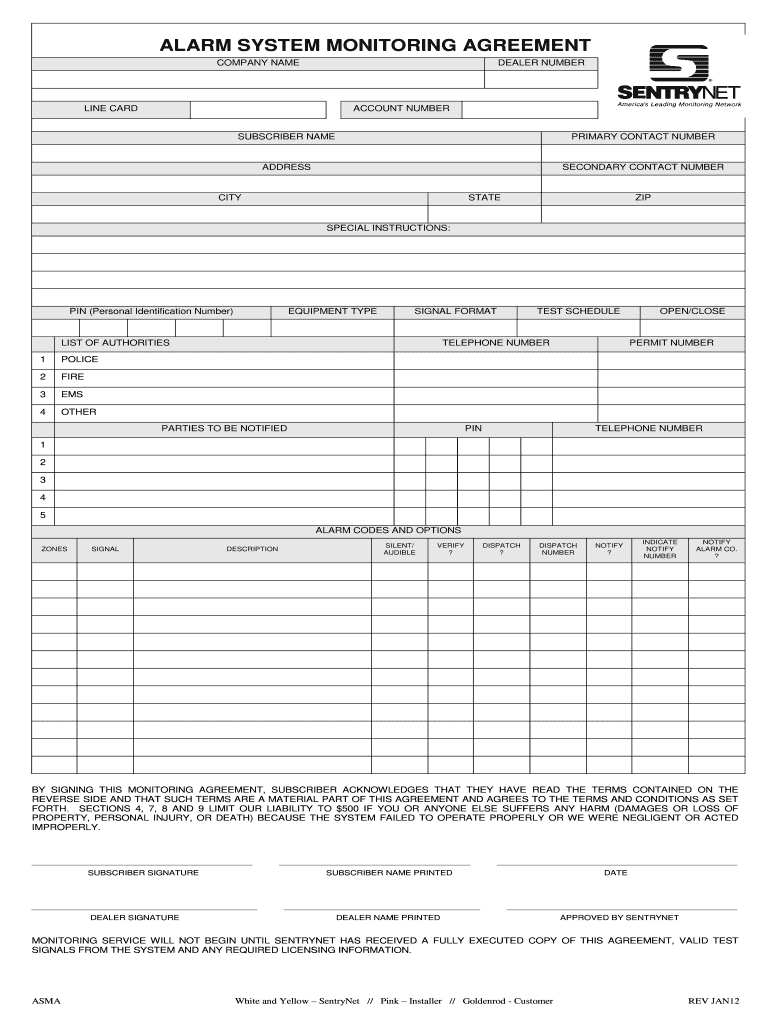 ALARM SYSTEM MONITORING AGREEMENT SentryNet Sentrynet  Form